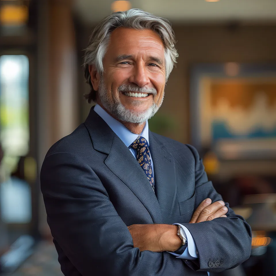 Homem sorridente em fato, escritório